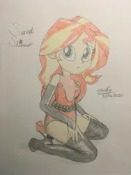 Size: 3024x4032 | Tagged: safe, artist:gibsterboy5, derpibooru import, sunset shimmer, human, equestria girls, belt, bodysuit, boots, clothes, high heel boots, image, jpeg, looking at you, shoes, signature, solo, sunset shimmer day, superhero, thigh boots, trace, traditional art