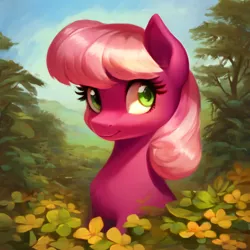 Size: 1024x1024 | Tagged: safe, derpibooru import, machine learning assisted, machine learning generated, stable diffusion, cheerilee, earth pony, pony, ai content, bust, female, flower, forest, forest background, g4, generator:purplesmart.ai, image, mare, png, portrait, solo, tree