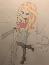 Size: 1536x2048 | Tagged: safe, artist:gibsterboy5, derpibooru import, sunset shimmer, human, equestria girls, balcony, boots, clothes, denim, high heel boots, image, jeans, jpeg, looking at you, pants, paper, plant, railing, raised leg, shoes, signature, sunset shimmer day, tanktop, trace, traditional art, window