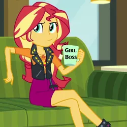 Size: 876x877 | Tagged: safe, artist:mlpfan3991, derpibooru import, sunset shimmer, human, equestria girls, equestria girls series, text support, clothes, couch, female, geode of empathy, girl boss, image, magical geodes, mug, png, sitting, smug, smugset shimmer, solo, teabag, text, text support: sunset shimmer