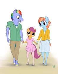 Size: 1280x1629 | Tagged: safe, artist:wulfruna, derpibooru import, bow hothoof, scootaloo, windy whistles, anthro, adopted, adopted offspring, ballerina, clothes, family, female, holding hands, image, jpeg, male, scootadoption, scootalove, scootarina, skirt, smiling, trio
