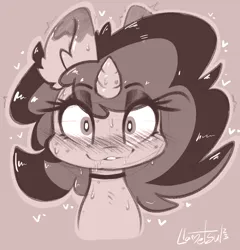 Size: 1158x1208 | Tagged: safe, artist:llametsul, derpibooru import, oc, oc:creme cookie, pony, unicorn, :3, blushing, blushing profusely, choker, eyeshadow, female, grin, image, looking at you, makeup, monochrome, png, smiling, solo, stare