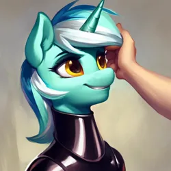 Size: 1536x1536 | Tagged: suggestive, derpibooru import, machine learning generated, stable diffusion, lyra heartstrings, anthro, human, pony, unicorn, abstract background, ai content, bust, collar, generator:purplesmart.ai, hand, human on pony petting, image, jpeg, latex, latex suit, offscreen character, offscreen human, petting, smiling, solo