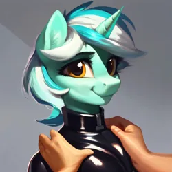 Size: 1536x1536 | Tagged: suggestive, derpibooru import, machine learning generated, stable diffusion, lyra heartstrings, anthro, human, pony, unicorn, abstract background, ai content, collar, generator:purplesmart.ai, hand, holding a pony, image, jpeg, latex, latex suit, looking at you, offscreen character, offscreen human, smiling