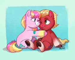 Size: 3687x2974 | Tagged: safe, artist:birdoffnorth, derpibooru import, sprout cloverleaf, oc, oc:malarkey, earth pony, pony, g5, canon x oc, colt, duo, foal, image, male, png, shipping, younger