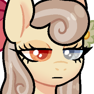 Size: 300x300 | Tagged: artist needed, safe, derpibooru import, oc, oc:peach blossom, pony, blank expression, bow, close-up, emotionless, flower, flower in hair, glass eye, hair bow, heterochromia, image, png, solo, uninterested