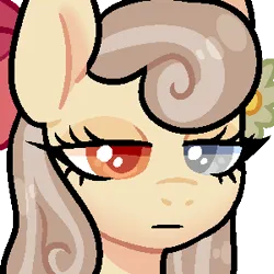 Size: 300x300 | Tagged: artist needed, safe, derpibooru import, oc, oc:peach blossom, pony, blank expression, bow, close-up, emotionless, flower, flower in hair, glass eye, hair bow, heterochromia, image, png, solo, uninterested