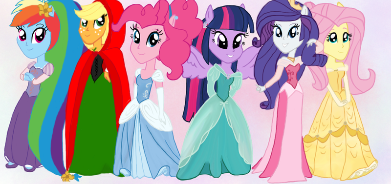 Size: 1240x585 | Tagged: safe, artist:snowdeer97, derpibooru import, applejack, fluttershy, pinkie pie, rainbow dash, rarity, twilight sparkle, twilight sparkle (alicorn), alicorn, human, equestria girls, alternate hairstyle, ariel, aurora, beauty and the beast, belle, cinderella, clothes, dress, fairy tale, gown, humanized, image, little red riding hood, long hair, mane six, plushie, png, princess aurora, rapunzel, sleeping beauty, the little mermaid