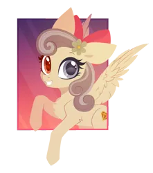 Size: 2656x3000 | Tagged: safe, artist:belka-sempai, derpibooru import, oc, oc:peach blossom, pegasus, pony, bow, cutie mark, flower, flower in hair, glass eye, hair bow, heterochromia, image, looking at you, png, smiling, smiling at you, solo