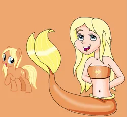 Size: 951x874 | Tagged: safe, artist:ocean lover, derpibooru import, amber grain, earth pony, human, mermaid, pony, arm behind back, background human, background pony, bandeau, bare midriff, bare shoulders, beautiful, belly, belly button, blonde hair, blue eyes, cheerful, clothes, curvy, cutie mark, cutie mark on clothes, fins, fish tail, friendship student, hourglass figure, human coloration, humanized, image, innocent, light skin, long hair, looking up, mermaid tail, mermaidized, midriff, ms paint, open mouth, open smile, orange background, orange tail, png, pose, pretty, reference, simple background, sitting, sleeveless, smiling, species swap, tail, tail fin, teenager