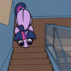 Size: 1300x1300 | Tagged: safe, artist:scandianon, derpibooru import, twilight sparkle, pony, unicorn, :p, dock, female, floppy ears, glass, high angle, hoers, hooves, image, indoors, looking down, mare, png, rectangular pupil, spine, staircase, stairs, tail, tongue out, unicorn twilight, whiskers