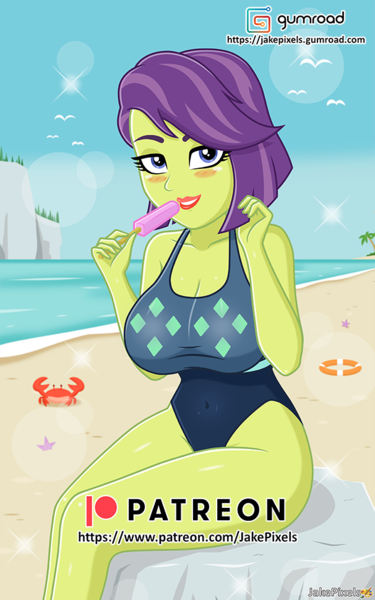 Size: 606x970 | Tagged: suggestive, artist:jakepixels, derpibooru import, victoria, human, equestria girls, beach, blushing, breasts, busty victoria, clothes, female, food, gumroad, gumroad logo, image, patreon, patreon logo, png, popsicle, solo, solo female, swimsuit