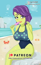 Size: 606x970 | Tagged: suggestive, artist:jakepixels, derpibooru import, victoria, human, equestria girls, beach, blushing, breasts, busty victoria, clothes, female, food, gumroad, gumroad logo, image, patreon, patreon logo, png, popsicle, solo, solo female, swimsuit