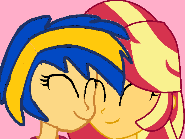 Size: 600x451 | Tagged: safe, artist:mlpfan3991, derpibooru import, sunset shimmer, oc, oc:flare spark, unofficial characters only, equestria girls, eyes closed, female, flareset, image, lesbian, png, smiling, this will end in kisses