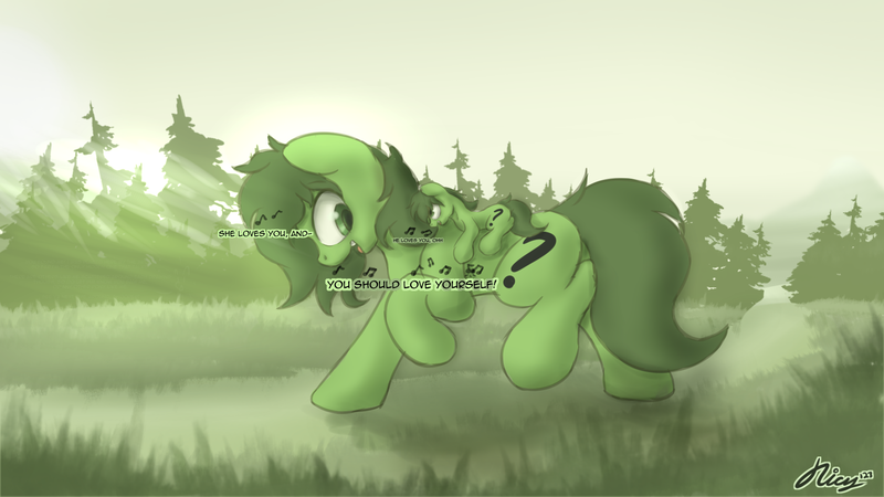 Size: 1920x1080 | Tagged: safe, artist:ricy, derpibooru import, oc, oc:anon stallion, oc:anon-mare, earth pony, pony, crepuscular rays, female, forest, grass, image, looking at each other, looking at someone, macro, male, mare, micro, mountain, png, raised hoof, singing, size difference, smaller male, stallion, tail, tree, walking