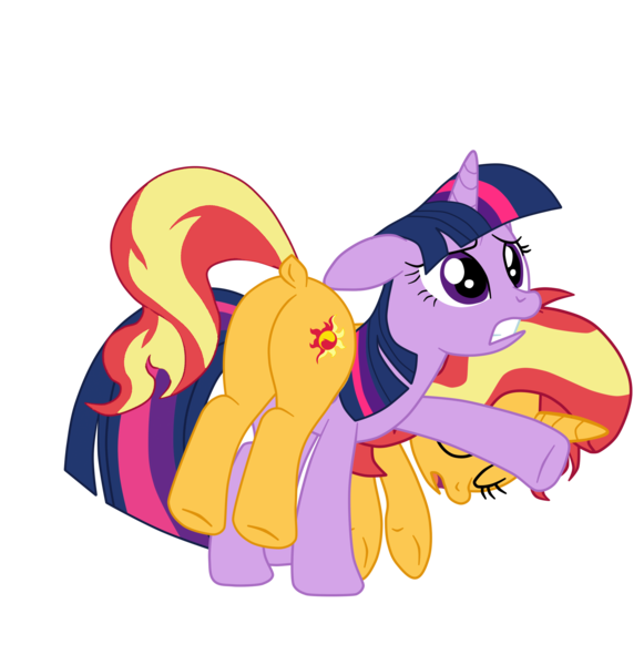Size: 1985x2051 | Tagged: safe, artist:gmaplay, derpibooru import, sunset shimmer, twilight sparkle, alicorn, pony, unicorn, equestria girls, bunset shimmer, butt, dock, image, plot, png, simple background, sunset shimmer day, tail, transparent background, unconscious