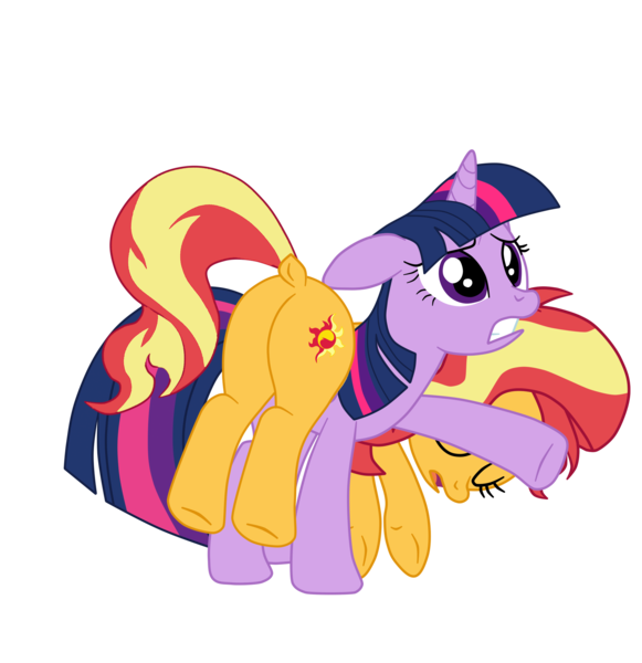 Size: 1985x2051 | Tagged: safe, artist:gmaplay, derpibooru import, sunset shimmer, twilight sparkle, alicorn, pony, unicorn, comic:the tale of two sunsets, equestria girls, bunset shimmer, butt, dock, image, plot, png, simple background, tail, transparent background, tribute, unconscious