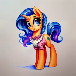 Size: 1536x1536 | Tagged: safe, derpibooru import, machine learning generated, stable diffusion, oc, unnamed oc, unofficial characters only, pony, unicorn, ai content, clothes, cute, female, generator:pony diffusion v5, image, jpeg, looking sideways, mare, ocbetes, prompter:siber, simple background, smiling, solo, white background