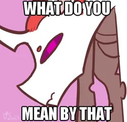 Size: 500x482 | Tagged: safe, derpibooru import, oc, oc:scorching heat, changeling, image, looking at you, meme, png, purple eyes, red mane, what do you mean by that?, white changeling