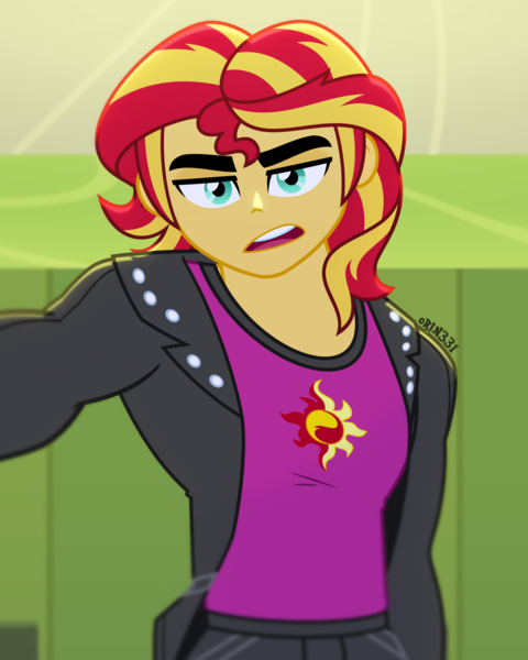 Size: 1600x2000 | Tagged: safe, artist:orin331, derpibooru import, sunset shimmer, equestria girls, canterlot high, clothes, equestria guys, image, jacket, lockers, male, offscreen character, png, pov, rule 63, shirt, solo, sunset glare
