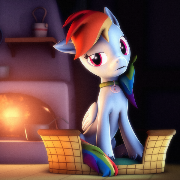 Size: 2160x2160 | Tagged: safe, artist:psfmer, derpibooru import, rainbow dash, pegasus, pony, 3d, collar, female, fire, fireplace, floppy ears, head tilt, image, looking at you, mare, one ear down, open mouth, pet bed, pet tag, png, solo, source filmmaker, unshorn fetlocks