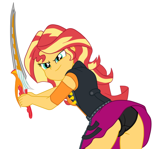 Size: 1800x1707 | Tagged: suggestive, artist:gmaplay, derpibooru import, sunset shimmer, equestria girls, ass, badass, black underwear, breasts, bunset shimmer, butt, clothes, image, panties, png, simple background, solo, stupid sexy sunset shimmer, sword, transparent background, underwear, weapon