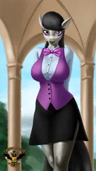 Size: 4320x7680 | Tagged: safe, artist:tsaritsaluna, derpibooru import, octavia melody, anthro, earth pony, bowtie, clothes, column, female, image, looking at you, png, skirt, smiling, solo, waistcoat