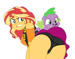 Size: 1928x1521 | Tagged: suggestive, artist:gmaplay, derpibooru import, spike, spike the regular dog, sunset shimmer, dog, equestria girls, angry, ass, assisted exposure, black underwear, butt, clothes, image, panties, panty shot, png, simple background, spike the dog, transparent background, underwear