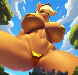 Size: 768x739 | Tagged: suggestive, derpibooru import, machine learning generated, stable diffusion, applejack, anthro, earth pony, ai content, applejack's hat, big breasts, bikini, breasts, busty applejack, city, cityscape, clothes, cowboy hat, curvy, erect nipples, female, from below, generator:purplesmart.ai, giantess, giga, golden bikini, hat, huge breasts, image, jpeg, looking at you, macro, nipple outline, prompter:argusx, smiling, swimsuit