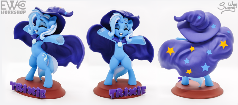 Size: 2000x880 | Tagged: safe, artist:ewc workshop, artist:sunny way, artist:v747, derpibooru import, trixie, unicorn, 3d print, art, artwork, cloak, clothes, craft, cute, diatrixes, figurine, happy, hat, horn, image, irl, painting, photo, png, sculpture, solo, stars, statue