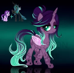 Size: 1280x1256 | Tagged: safe, artist:stardust-pony, derpibooru import, oc, changepony, hybrid, 2021, fangs, female, gradient background, image, interspecies offspring, jpeg, magical lesbian spawn, next generation, offspring, parent:queen chrysalis, parent:starlight glimmer, parents:glimmerlis, purple body, reflection, smiling, solo, two toned mane