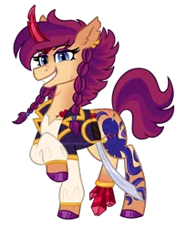 Size: 2200x2700 | Tagged: safe, artist:pink-pone, derpibooru import, oc, oc:ruby cutlass, unofficial characters only, pony, unicorn, braid, crystal horn, female, horn, image, mare, png, simple background, solo, sword, transparent background, weapon