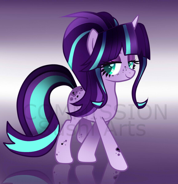 Size: 1235x1280 | Tagged: safe, artist:stardust-pony, derpibooru import, oc, unofficial characters only, pony, unicorn, 2021, female, gradient background, image, jpeg, magical lesbian spawn, next generation, offspring, parent:starlight glimmer, parent:twilight sparkle, parents:twistarlight, reflection, solo, watermark