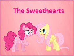 Size: 972x734 | Tagged: safe, derpibooru import, fluttershy, pinkie pie, earth pony, pegasus, pony, blushing, cute, diapinkes, duo, female, flutterpie, image, lesbian, pink background, png, shipping, shyabetes, simple background, the sweethearts