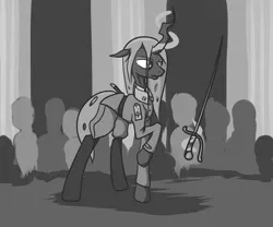 Size: 3000x2500 | Tagged: safe, artist:incrediblepanzer, derpibooru import, queen chrysalis, equestria at war mod, headcanon, image, monochrome, png, saber, solo, weapon