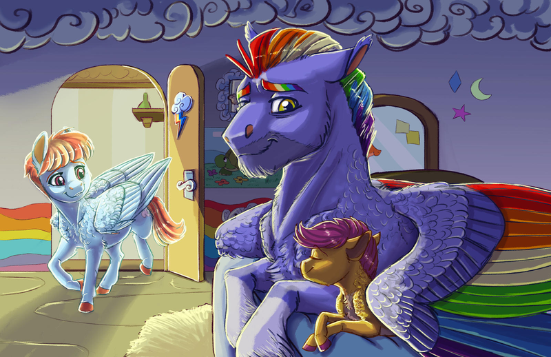 Size: 1600x1036 | Tagged: safe, artist:earthnashes, derpibooru import, bow hothoof, scootaloo, windy whistles, pegasus, adopted, adopted offspring, bedroom, bedtime, bedtime story, father and child, father and daughter, female, image, male, mother and child, mother and daughter, parent:bow hothoof, parent:windy whistles, png, rainbow dash's cutie mark, scootadoption, scootalove, story included
