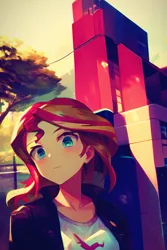 Size: 2048x3072 | Tagged: safe, derpibooru import, machine learning generated, stable diffusion, sunset shimmer, equestria girls, ai content, anime, clothes, cute, generator:purplesmart.ai, image, jacket, jpeg, leather, leather jacket, looking at you, prompter:lerkyboy, shirt, sunset shimmer day