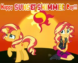 Size: 2340x1889 | Tagged: safe, artist:shieldwingarmorofgod, derpibooru import, sunset shimmer, human, pony, unicorn, boots, clothes, cutie mark, female, geode of empathy, image, kneeling, magical geodes, png, shoes, smiling, sunset shimmer day