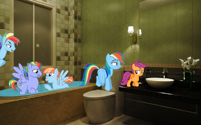 Size: 1201x748 | Tagged: safe, artist:kayman13, derpibooru import, bow hothoof, rainbow dash, scootaloo, windy whistles, pegasus, bathroom, bathtub, family, female, image, png, rainbow blitz, rule 63, siblings, sisters