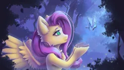 Size: 3840x2160 | Tagged: safe, artist:dlexsie, derpibooru import, fluttershy, butterfly, insect, pegasus, pony, 4k, beautiful, crepuscular rays, digital art, feather, female, flying, forest, g4, green eyes, high res, image, lidded eyes, mare, moonlight, pink mane, png, smiling, solo, spread wings, tree, unshorn fetlocks, wallpaper, wings