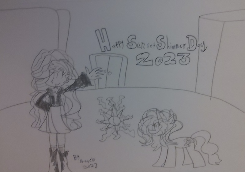 Size: 3258x2290 | Tagged: safe, artist:cajunlooney, derpibooru import, sunset shimmer, human, pony, unicorn, 2023, boots, clothes, doodle, female, high heel boots, image, jacket, jpeg, pencil drawing, shirt, shoes, sketch, skirt, sunset shimmer day, traditional art