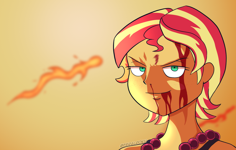 Size: 1280x816 | Tagged: safe, artist:feralroku, derpibooru import, sunset shimmer, human, equestria girls, alternate hairstyle, blood, crossover, female, fiery shimmer, fire, freckles, image, jewelry, necklace, nosebleed, one piece, png, portgas d. ace, short hair, smiling, solo, sunset shimmer day