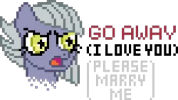 Size: 304x172 | Tagged: safe, artist:aprilfools, ponerpics import, limestone pie, earth pony, pony, /bale/, angry, female, image, mare, pixel art, png, simple background, solo, talking to viewer, text, transparent background, tsundere