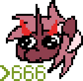 Size: 168x164 | Tagged: safe, artist:aprilfools, ponerpics import, demon, demon pony, original species, pony, unicorn, /bale/, 666, devil horns, evil, female, image, mare, numbers, numget, pixel art, png, simple background, solo, transparent background