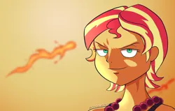 Size: 1280x816 | Tagged: safe, alternate version, artist:feralroku, derpibooru import, sunset shimmer, human, equestria girls, alternate hairstyle, crossover, female, fiery shimmer, fire, freckles, image, jewelry, necklace, one piece, png, portgas d. ace, short hair, smiling, solo, sunset shimmer day