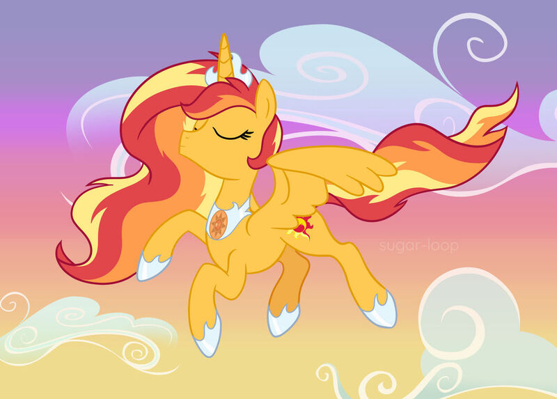 Size: 1024x733 | Tagged: safe, artist:sugar-loop, derpibooru import, sunset shimmer, alicorn, pony, alicornified, cloud, crown, female, flying, image, jewelry, jpeg, race swap, regalia, shimmercorn, solo, sunset, sunset shimmer day