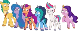 Size: 1816x736 | Tagged: safe, artist:pascalmulokozi2, derpibooru import, edit, edited screencap, screencap, hitch trailblazer, izzy moonbow, pipp petals, sunny starscout, zipp storm, g5, my little pony: tell your tale, spoiler:g5, spoiler:my little pony: tell your tale, spoiler:tyts01e53, applejack (g5), as the misty clears, background removed, coat markings, female, fluttershy (g5), group, image, male, mane six (g5), mane stripe sunny, misty brightdawn, not a vector, pinkie pie (g5), png, rainbow dash (g5), rarity (g5), socks (coat marking), twilight sparkle (g5)