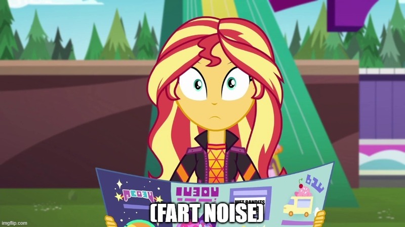 Size: 888x499 | Tagged: safe, derpibooru import, sunset shimmer, equestria girls, equestria girls series, sunset's backstage pass!, spoiler:eqg series (season 2), caption, fart, fart noise, image, jpeg, onomatopoeia, solo, sound effects, text