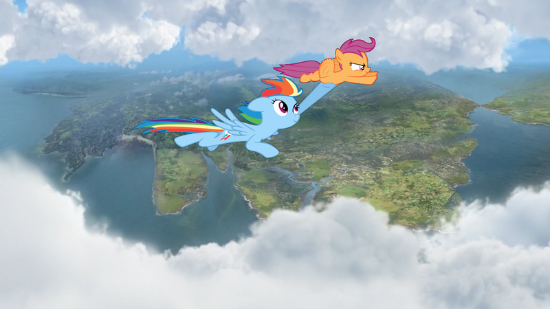 Size: 1920x1078 | Tagged: safe, derpibooru import, rainbow dash, scootaloo, pegasus, female, flying, image, island of sodor, png, scootalove, siblings, sisters, thomas and friends, thomas the tank engine