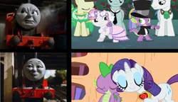 Size: 2676x1544 | Tagged: safe, derpibooru import, rarity, spike, sweetie belle, female, hotline bling, image, james the red engine, male, meme, png, ship:sparity, shipping, spikebelle, straight, thomas and friends, thomas the tank engine
